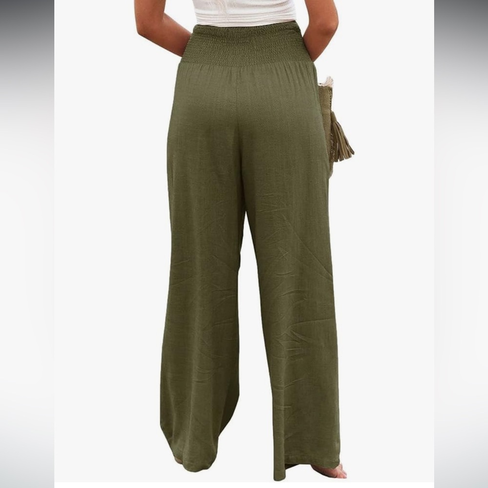 Women's Green Wide-Leg Pants Pull On Elastic Waistband Pockets Linen Polyester M - Picture 2 of 12